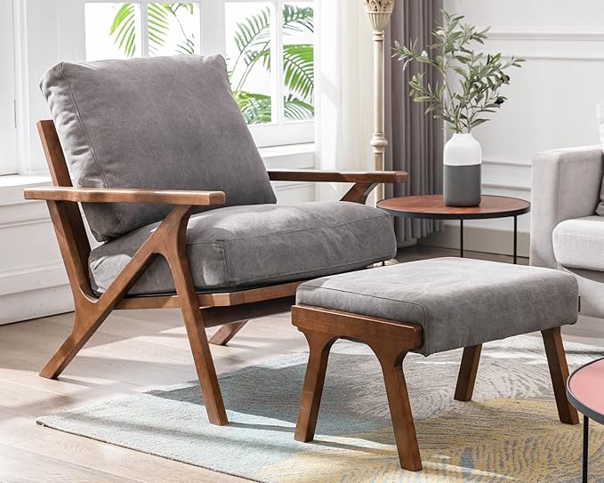 Mid Century Modern Accent Chair with ottoman, Farmhouse Linen Upholstered Living Room Armchair and Ottoman Set, 23" Seat Wide Retro Leisure Lounge Chair with Wood Frame for Home, Bedroom, Office, Grey-Ruum Studio Home