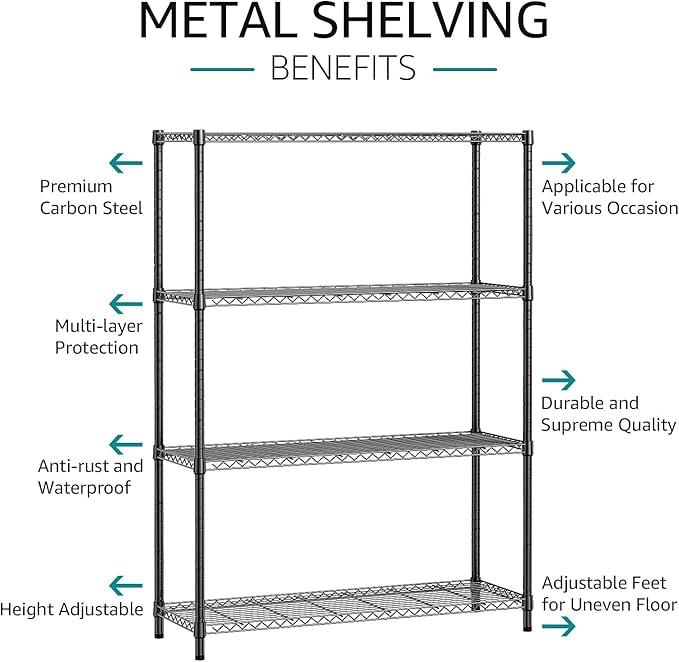 IZEUK 1400 LBS Garage Black Shelving Wide Storage Shelves 4 Tier Adjustable Heavy Duty Metal Wire Rack Standing Shelf Unit for Kitchen Office College Dorm Garage Warehouse 15.8" x 45.8"x 59.4"-Ruum Studio Home