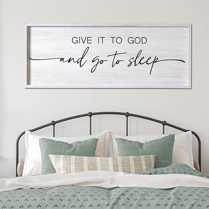 Give It to God and Go to Sleep Decorative Rustic Sign & Plaque Framed Wall Art for Couples, 40''×15'' Vintage Farmhouse Wooden Horizontal Wall Decor Above Bed, Cottagecore Wedding Gift for Bedroom-Ruum Studio Home
