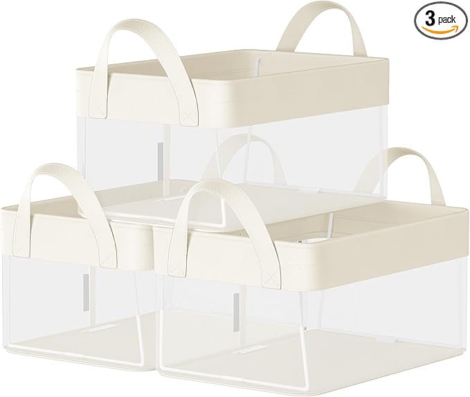 SONGMICS Storage Bins Set of 3, Small Fabric Storage Baskets, Foldable Organizer with Transparent Nylon Mesh, 11.8 x 7.9 x 5.9 Inches, Handles, for Bathroom, Kitchen, Cream White URFB915W01-Ruum Studio Home