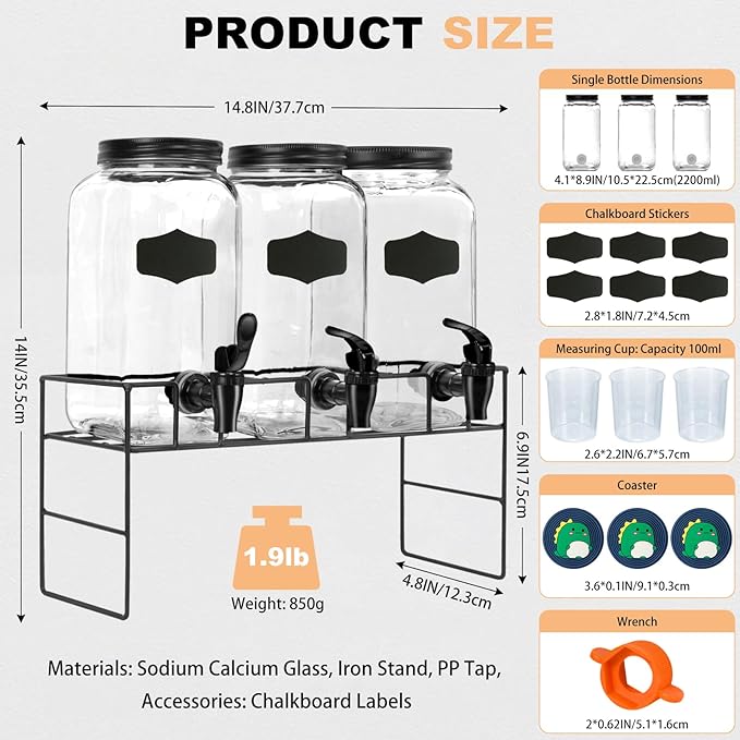 3-Pack 2.2L Glass Laundry Detergent Dispenser Set with Stand - Premium Liquid Soap Dispenser with PP Spigots, Measuring Cups, and Chalkboard Labels for Laundry Room Organization and Storage-Ruum Studio Home