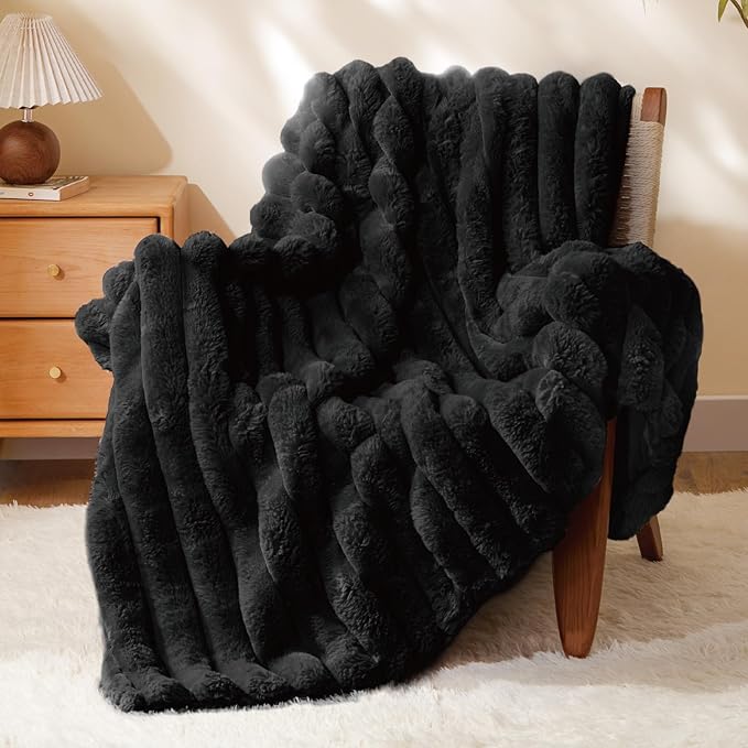 BEDELITE Faux Fur Throw Blanket for Couch, Soft and Cozy Luxurious 3D Striped Fluffy Blanket, 770GSM Thick Warm Plush Fuzzy Faux Rabbit Fur Blanket for Women Gift (Black, 50"x 60")-Ruum Studio Home