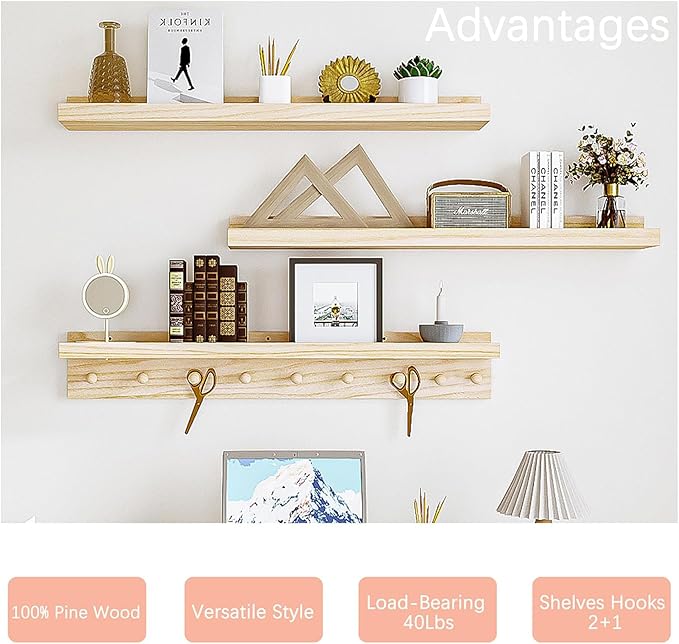 MBYD Wood Wall Shelf With Hooks Floating Shelves for Wall Bathroom Shelves Wall Mounted Nursery Floating Bookshelf for Kids Room Toy Storage Shelf for Bedroom Picture Frames Kitchen (Natural, 36 Inch)-Ruum Studio Home