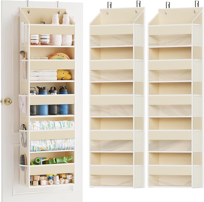 SpaceAid 2 Pack Over The Door Organizer with 5 Large Pockets and 10 Mesh Side Pockets, 5 Layers Door Organizer Hanging with Clear Window for Bedroom, Bathroom, Pantry and Nursery, Beige-Ruum Studio Home