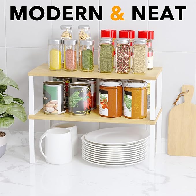 SpaceAid Cabinet Shelf Organizers 2 Pack, Kitchen Counter Rack Shelves Riser, Stackable Expandable Spice Rack, Pantry Cupboard Storage Organization (White and Natural, Long)-Ruum Studio Home