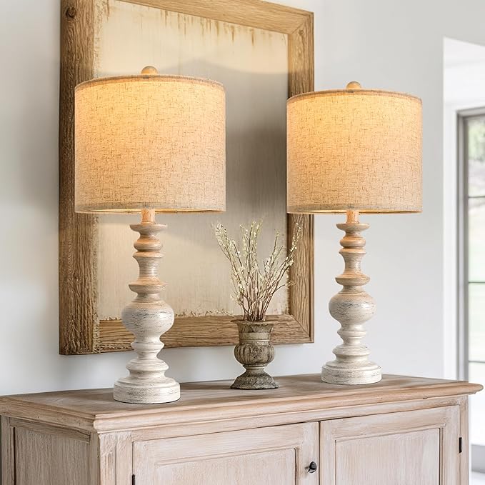 BOBOMOMO 24" Farmhouse Resin Table Lamp Set of 2, Vintage Lamps for Living Room Bedroom with Linen Shades, Traditional Rustic Bedside Lamps Retro Table Lamps for Living Room, Bedroom, Office-Ruum Studio Home