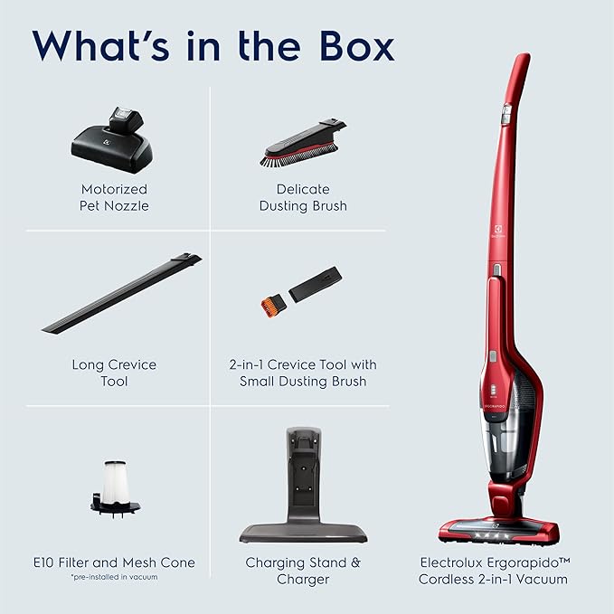 Electrolux Ergorapido Pet Cordless 2-in-1 Vacuum Cleaner with Motorized Pet Nozzle for Easy Pet Hair Removal, 48-Minute Run Time, 2 Power Modes, Chili Red-Ruum Studio Home