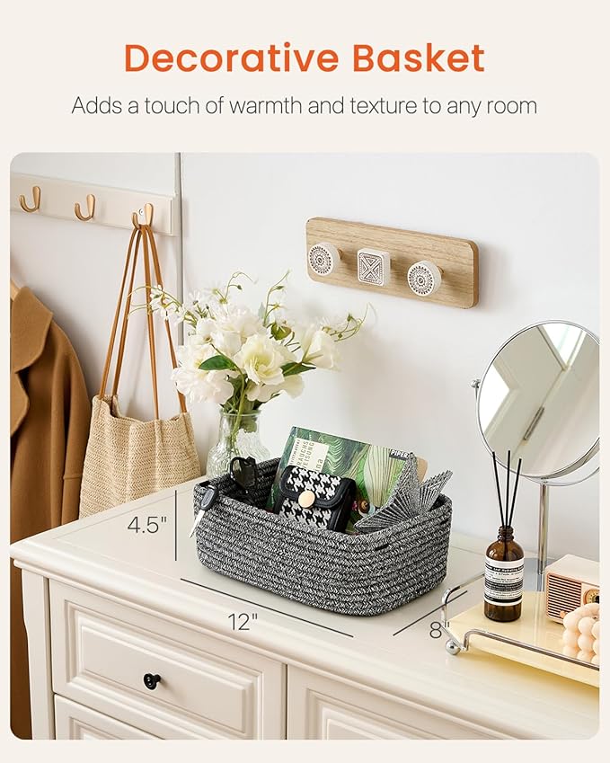 KALLAX Small Woven Basket, 12 x 8 x 4.5 Inches, Storage Basket for Organizing, Cute Small Rope Shelf Closet Cube Storage Bins Baskets for Shelves, Dog Toy Gift Baskets Empty, 3 Pack Mixed Black-Ruum Studio Home