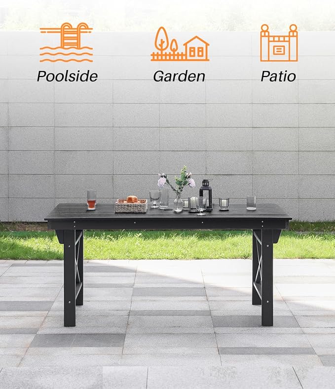 HDPE Outdoor Dining Table, 66.9” Rectangle Patio Dining Table for 6, All-Weather HDPE Outdoor Table with 2.2” Umbrella Hole, HDPE Patio Furniture for Deck, Backyard, Garden, Pool, Obsidian-Ruum Studio Home