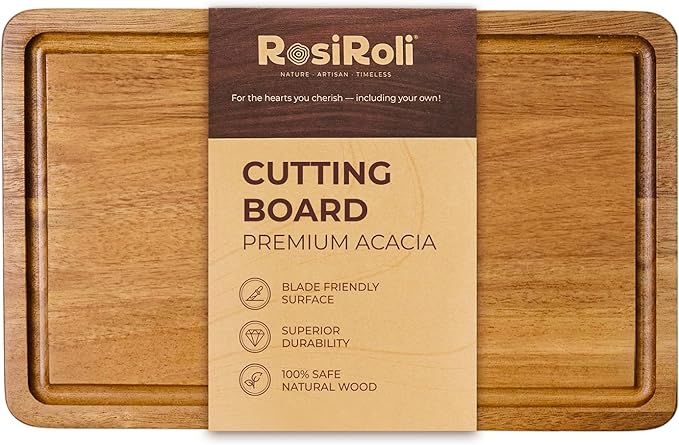 Acacia Wood Cutting Board for Kitchen - 0.8 inch Thick Wood Charcuterie Cheese Board with Side Handles and Juice Grooves, Wooden Chopping Block for Meat and Veggies, 11.5x7 inch-Ruum Studio Home