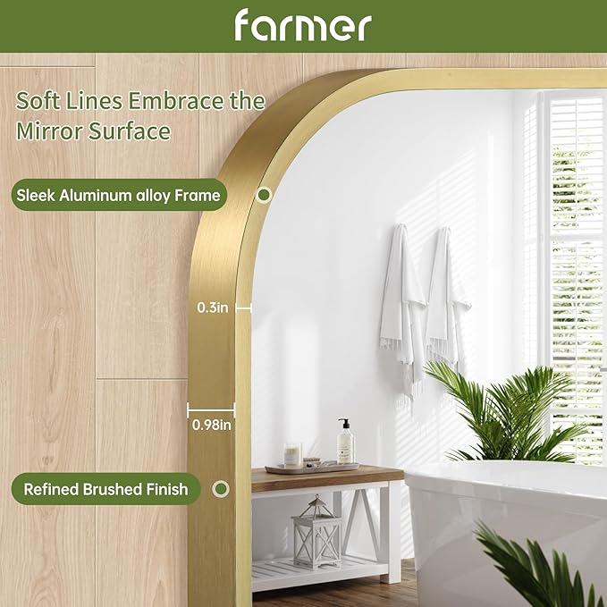 FARMER 20x28 Inch Gold Bathroom Mirror, Rectangle Vanity Mirror, Brushed Mirrors for Wall, Metal Frame Hanging Mirror with Round Corner for Bedrooms, Entryways, Living Rooms, Horizontal/Vertical-Ruum Studio Home