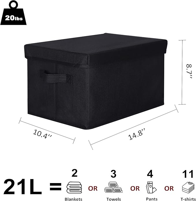 WUIKE 3 Pack Large Fabric Storage Bins with Lids, Decorative Storage Boxes with Handles, Storage Baskets for Shelves, Foldable Storage Containers, Closet Organizers for Towels, Clothes, Black-Ruum Studio Home