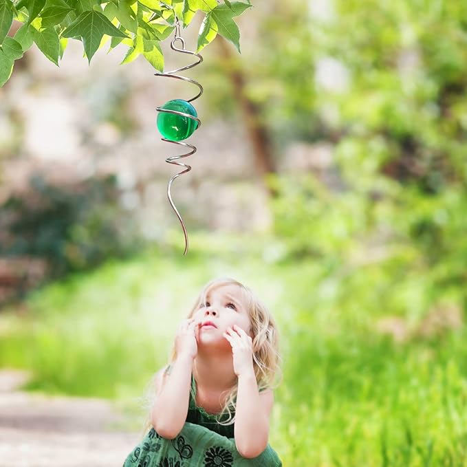 Wind Spinner Tail Gazing Ball Spiral Decorative Wind Spinner Sun Catcher 11inch Tail and 2 inch Glass Orb. Indoor Outdoor Garden Decoration Wind Sculptures-13 inch Height (Green)-Ruum Studio Home