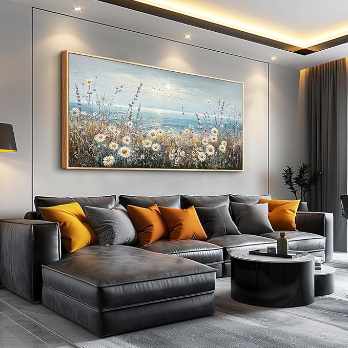 PHAOHUAXM Large Canvas Printing Artworks Mural Wall Decor For Living Room Wall Art For Bedroom Office Decor Blue Ocean Paintings Flowers Watercolour Wall Pictures Home Decor Wood Framed 30x60 In-Ruum Studio Home