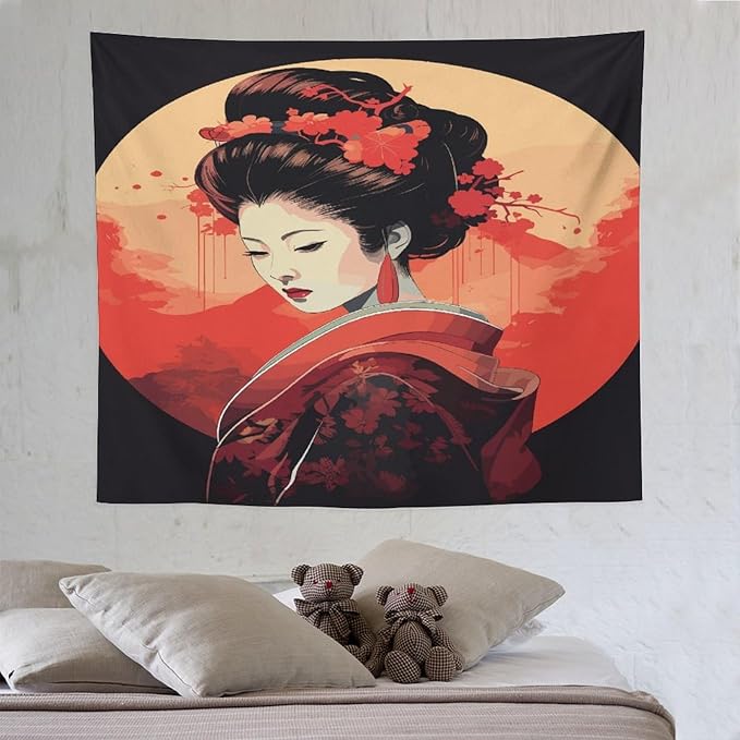 Japanese Woman Geisha Tapestry Asian Cherry Blossom Red Sun Traditional Kimono Folk Tapestries Home Decor for Living Room Bedroom Apartment Farmhouse Dorm 60"x50"-Ruum Studio Home
