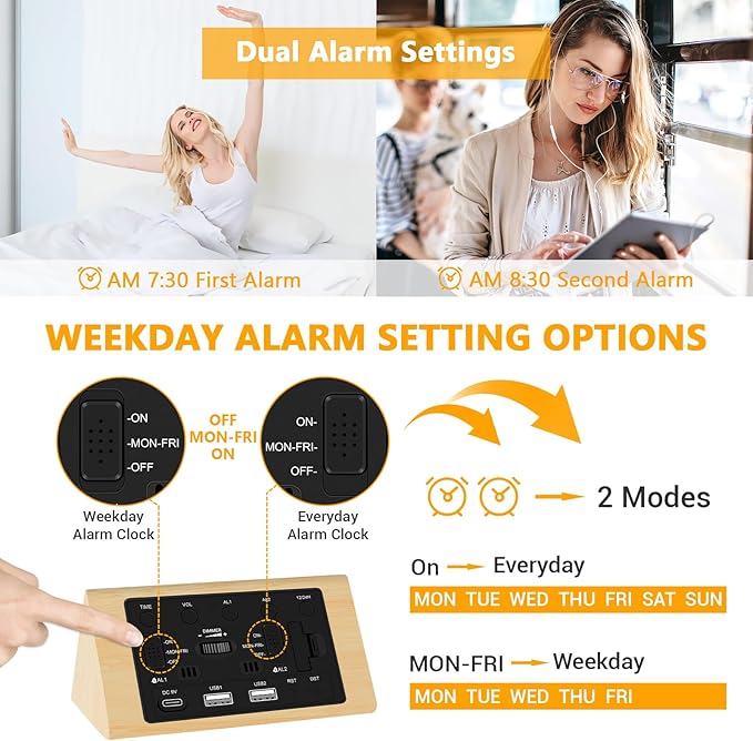 Kogonee Wooden Digital Alarm Clock, 0-100% Dimmer, 2 Alarm Settings, Weekday/Everyday Mode, 9 Mins Snooze, 12/24H, Temperature and Date Display for Office, Travel, Bedroom Alarm Clock (Bamboo)-Ruum Studio Home