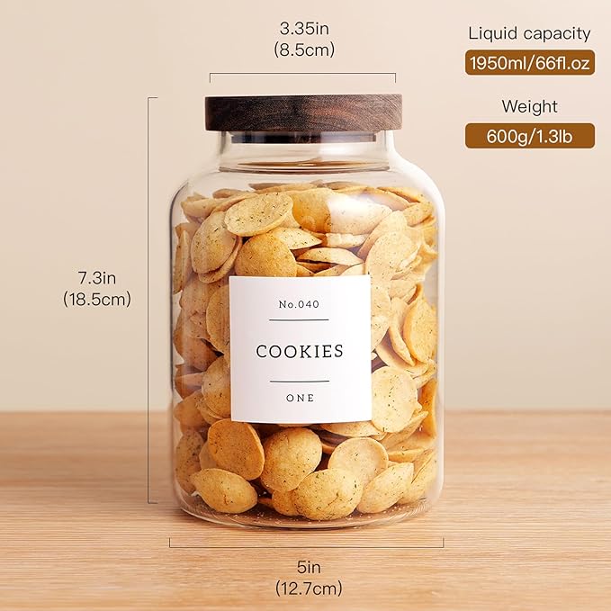 Set Of 2 Large Glass Jar with Wooden Lid with 132 Labels, Glass Storage Jars for Flour Pasta Candy Coffee Cookie and More(70 FL OZ/2000 ml)-Ruum Studio Home