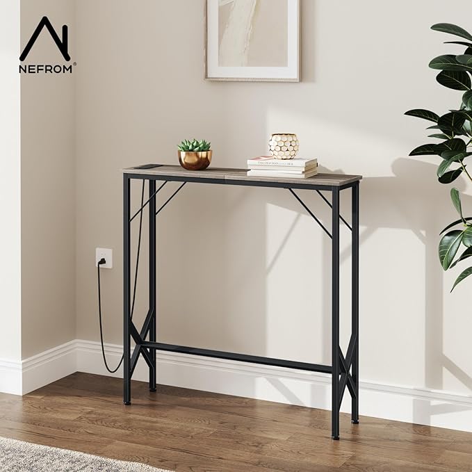 31.5‘’ Console Table, Skinny Entryway Table with Fast-Charging Station, Narrow Long Sofa Table, Behind Slim Couch Table for Entrance, Hallway, Living Room Decor ST-GY80-1-Ruum Studio Home