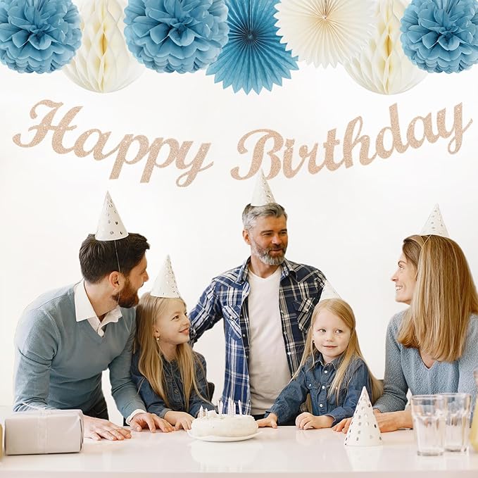 Dusty-Blue White Birthday Party-Decorations Paper-Flowers - 14pcs Happy Banner Boy Lanterns Tissue Pom Poms,Men Streamers Garland Fans Honeycomb,Baby Teen Male Kids Hanging Supplies Decor Hugfond-Ruum Studio Home