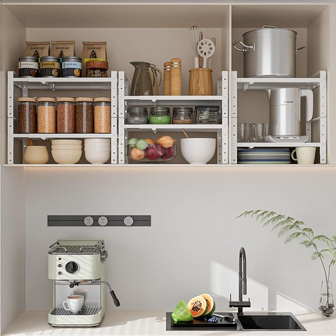 Expandable,Adjustable & Stackable Spice Rack, Cabinet Kitchen Countertop Shelf Organizer,Metal Pantry Storage Shelves - Space-Saving Storage Solution(1Pack/White/Medium)-Ruum Studio Home