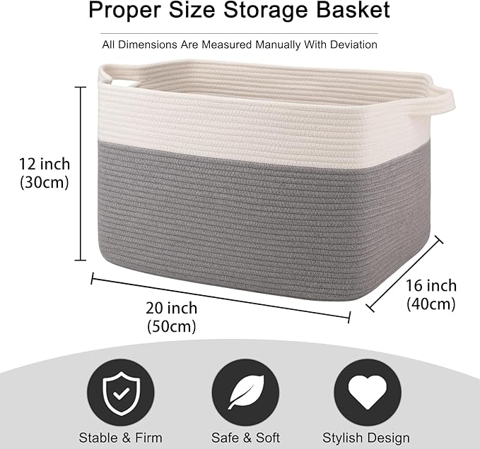 OIAHOMY 65L Blanket Basket, Cotton Rope Woven Blanket storage for Living Room, Rectangle Woven Baskets for Storage, 20''×16''×12'', Grey and White-Ruum Studio Home