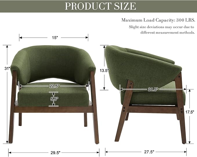 Mid-Century Modern Accent Chair, Comfy Barrel Armchair with Wide Seat, Upholstered Lounge Chair with Walnut Wood Legs for Living Room/Bedroom/Reading Corner, Linen Fabric, Deep Green, 1PC-Ruum Studio Home