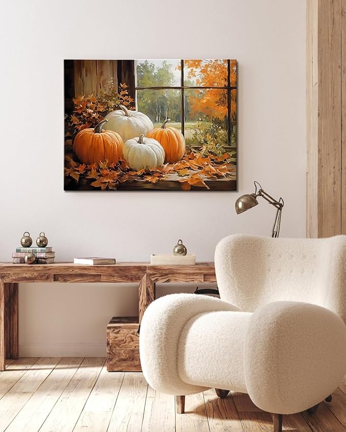 Vintage Pumpkin Window Fall Wall Art Decor, Farmhouse Barn Canvas Print with Autumn Harvest Theme, Framed Thanksgiving Decorations for Country Home, Ready to Hang-Ruum Studio Home