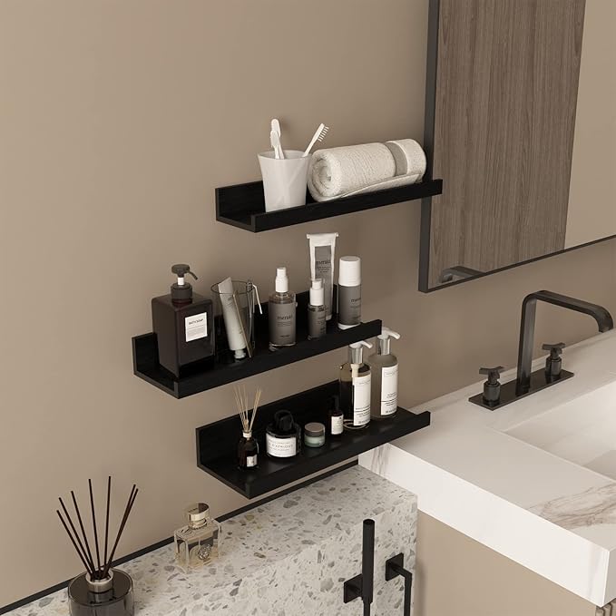 Giftgarden 16 Inch Black Floating Shelves for Wall Mount, Woodgrain Wall Shelf Ledge for Bathroom Bedroom Kitchen Living Room Office Storage, Set of 3 Different Sizes-Ruum Studio Home