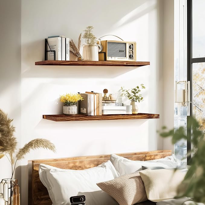 Floating Wall Shelves 2-Pack - 36-Inch Rustic Brown Wooden Shelves for Storage and Décor, Easy Installation for Living Room, Bedroom, and Kitchen-Ruum Studio Home