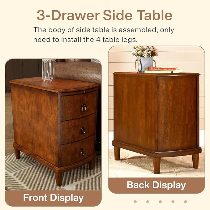 PADMA HOUSE Solid Wood End Table with 3 Drawers, Fully Assembled Nightstand with Sliding Shelf, Pre-Assembled Vintage Wooden Beside Table in Cherry Brown for Small Space,13.4 * 22.4 * 22.6in-Ruum Studio Home
