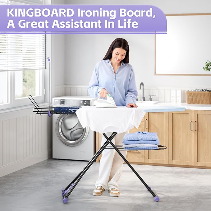 Full Size Ironing Board, 18x51 Iron Board with Metal Panel Stretchable Iron Rest, Adjustable Height Heavy Duty Heat & Scorch Resistant Cover Ironing Board, for Home, Laundry, Purple-Ruum Studio Home