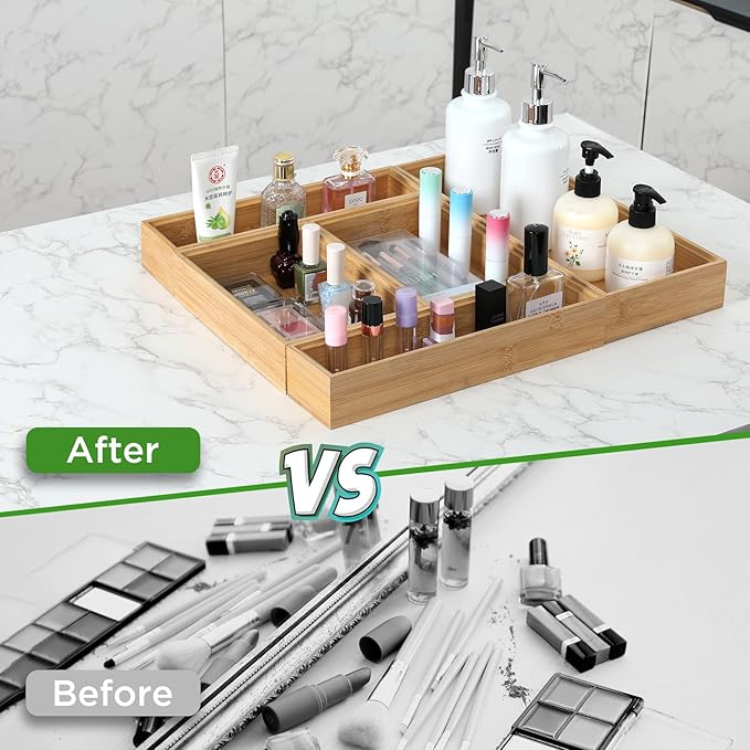Bamboo Drawer Organizer, 2PCS Stackable Storage Boxes for Utensil Organizer, Wood Tray for kitchen, Bathroom and Bedroom 9" x 6" x 2"-Ruum Studio Home