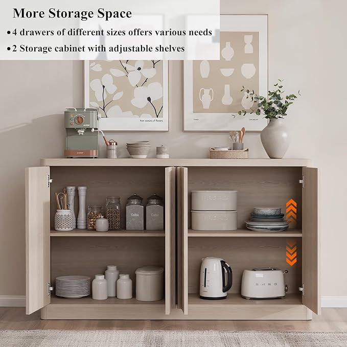 Fluted Buffet Cabinet with Storage, 60" Sideboard Buffet Accent Cabinet with 4 Door & Solid Wood Handle, Modern Buffet Table Credenza Console Cabinets for Living Room, Dining Room, Kitchen, Oak(1PCS)-Ruum Studio Home