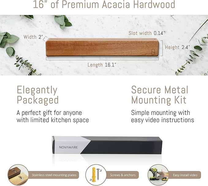 Premium 16 inch Magnetic Knife Holder for Wall with 2x Storage & Charming Wood - Knife Magnetic Strip, Under Cabinet Magnet Knives Storage - Magnet Strip Rack Kitchen Utensil Holder Organizer Tool-Ruum Studio Home