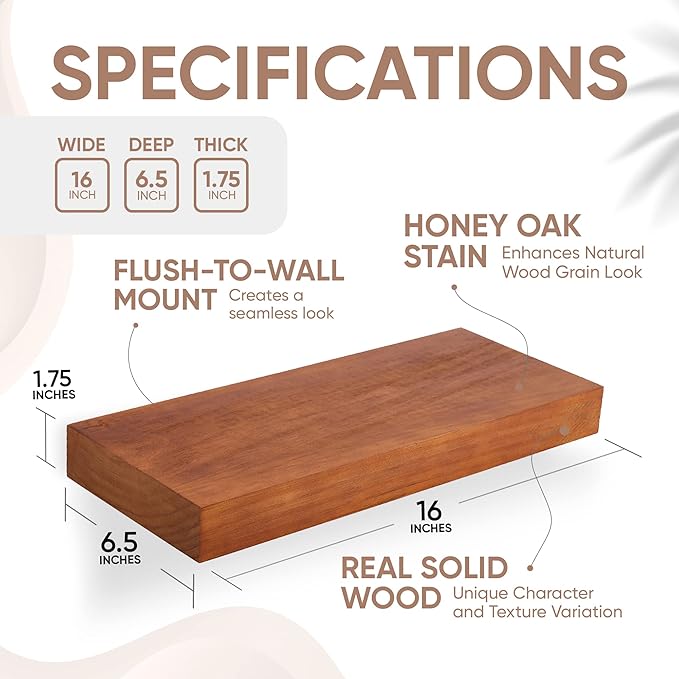 Homeforia 16 inch Oak Floating Shelf, High End Solid Real Wood 16inch Small Floating Shelves for Wall Mounted, Honey Oak Wooden 16in Floating Shelves, Heavy Duty Bracket, 16 X 6.5 X 1.75 in, Set of 2-Ruum Studio Home