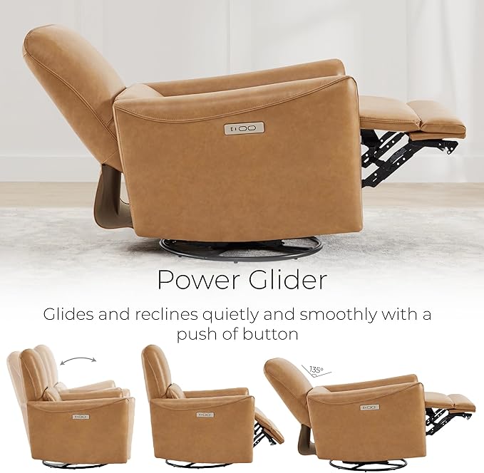 CHITA Power Recliner Chair Swivel Glider, FSC Certified Upholstered Faux Leather Living Room Nursery Reclining Sofa Chair with Lumbar Support, Cognac Brown-Ruum Studio Home
