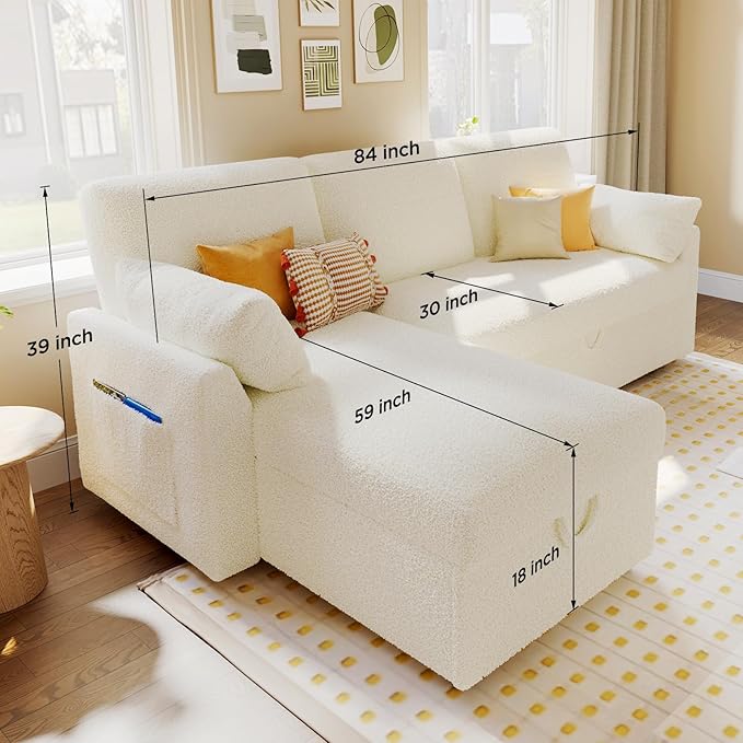 VanAcc Sofa Bed, Sleeper Sofa- 2 in 1 Pull Out Couch Bed with Storage Chaise for Living Room, White Sherpa 84in x 59in x 39in-Ruum Studio Home