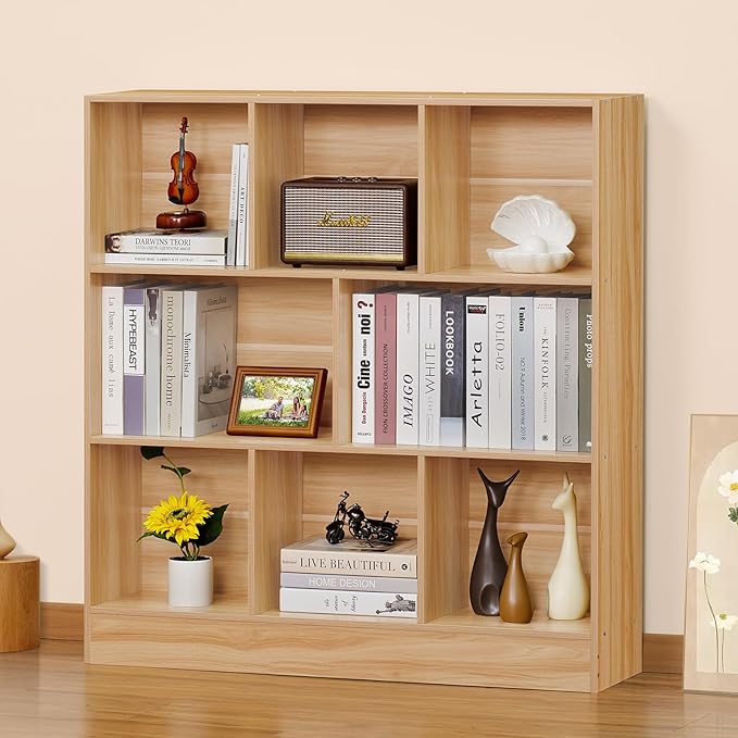 LEYAOYAO 8 Cube Bookshelf with Wood Base,Natural 3 Tier Mid-Century Modern Bookcase,Standing Wide Bookshelves Storage Organizer Shelf,Rustic Display Cabinet Book Shelves for Bedroom,Living Room-Ruum Studio Home