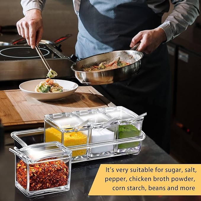4-Cell Clear Seasoning Rack Spice Box, Storage Container Condiment Jars Acrylic Seasoning Box with Cover and Spoon (Basic Clear)-Ruum Studio Home