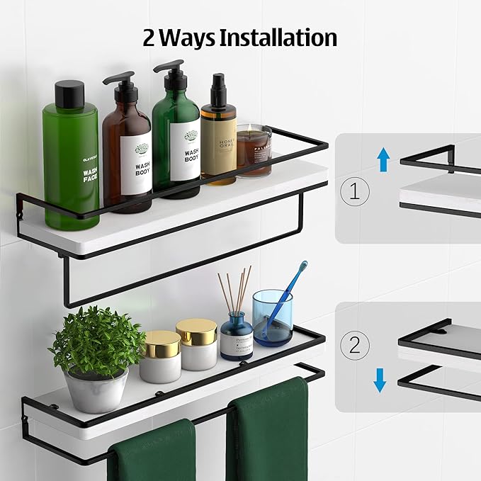 Meangood Floating Shelves Wall Mounted Set of 2, Wall Shelf with Towel Bar Rustic Wood Wall Storage Shelves for Bedroom,Living Room,Bathroom, Kitchen White-Ruum Studio Home