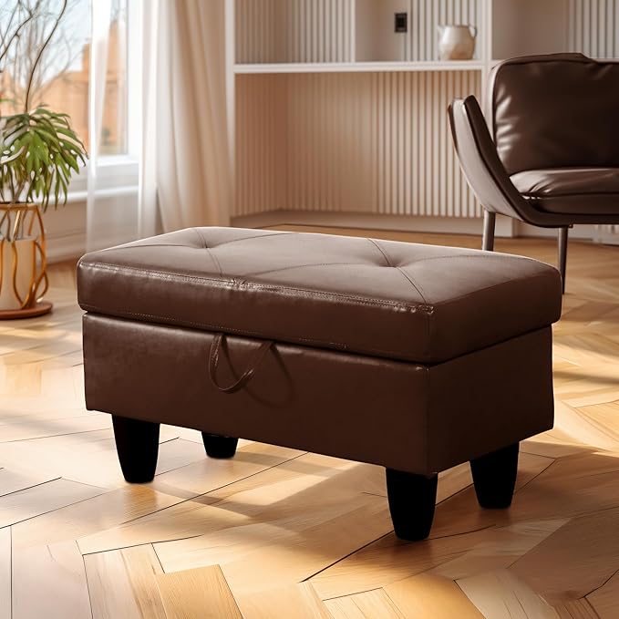 Ottoman Rectangular Storage Ottoman Bench, Faux Leather Footrest, Coffee Table, Stool Footstool with Hinged Lid for Living Room, Bedroom, Entryway, Brown, 28.5"x19"x17.5"-Ruum Studio Home