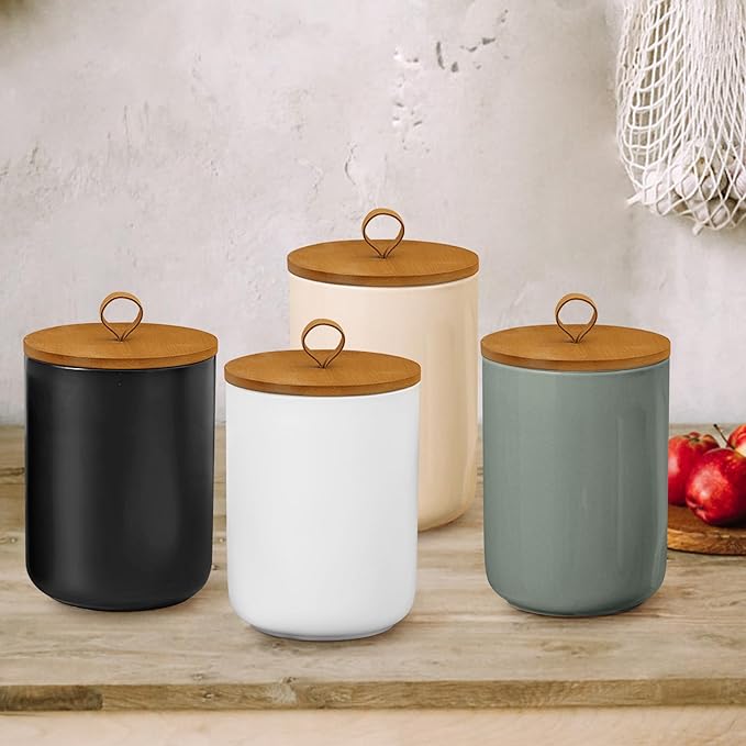 Large Ceramic Storage Jars, Modern Elegant Highly Polished Airtight Gorgeous Storage Canisters with Wooden Lid Food Storage Jar for Kitchen Spice Tea Vanilla Sugar Coffee Beans (Light grey)-Ruum Studio Home