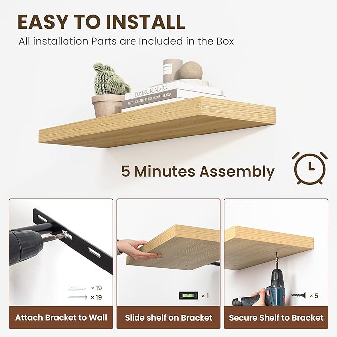 36 Inch Floating Shelves, 11.6 Inch Deep Floating Shelves for Wall, Floating Shelf with Invisible Brackets, Deep Shelves for Bathroom, Bedroom, Living Room, 2 Pack, Natural-Ruum Studio Home