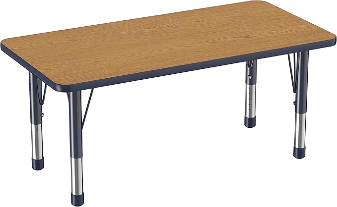 Factory Direct Partners FDP Rectangle Activity School and Kids Classroom Table (24 x 48 inch), Toddler Legs, Adjustable Height 15-24 inches - Oak Top and Navy Edge-Ruum Studio Home