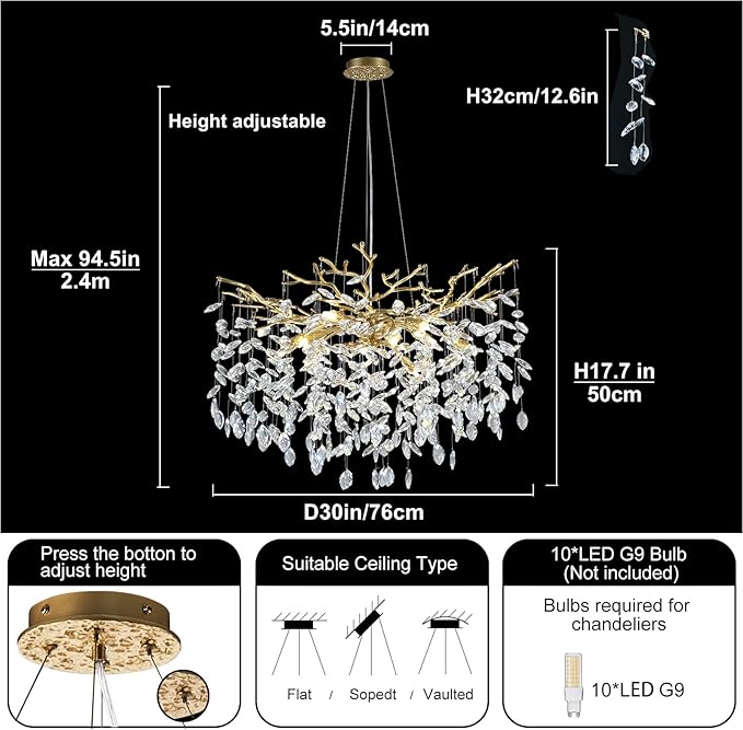 Modern Crystal Chandelier, 30" Chandeliers for Dining Room,Gold K9 Crystal Tree Branches Crystal Chandelier,10-Light Living Room Chandeliers, Fo Entryway,Foyer,Bedrooms-Ruum Studio Home