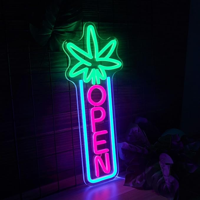 Green Leaf Neon Sign Dimmable Open Neon Lights for Wall Decor LED Neon Sign by USB Powered LED Neon Open Sign For Dispensary Beer Bar Man Cave Coffee Store Hotel Wall Party Decorations 16.8''x7''-Ruum Studio Home