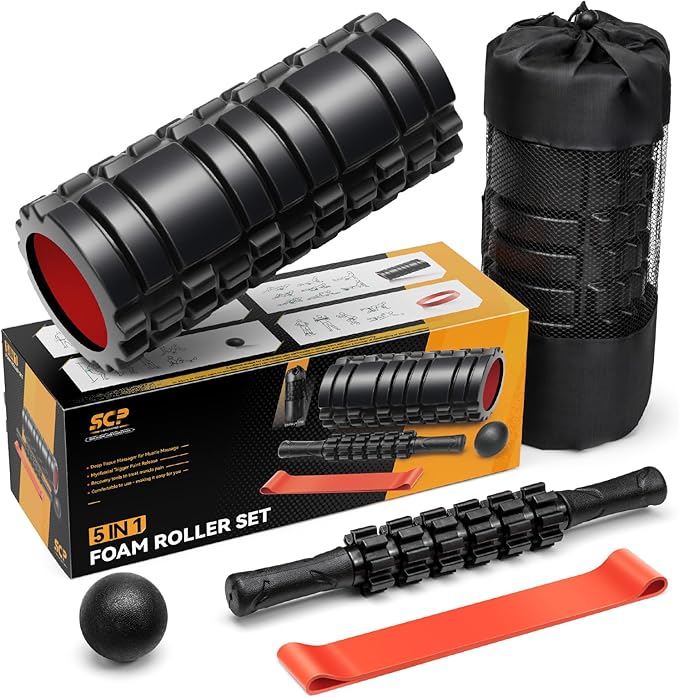 5 in1 Foam Roller Set, Trigger Point Foam Roller, Massage Roller Stick, Massage Ball, Resistance Band for Deep Muscle Massage Pilates Yoga,Fitness Exercise for Whole Body (Black-Red)-Ruum Studio Home