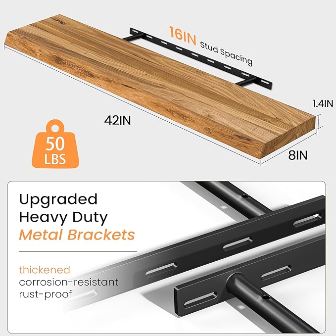 Floating Shelves for Wall, 42" Live Edge Solid Elm Wood Floating Shelf, Wall-Mounted Display Shelves with Invisible Heavy-Duty Metal Bracket, Floating Shelf for Living Room Kitchen, Natural-Ruum Studio Home