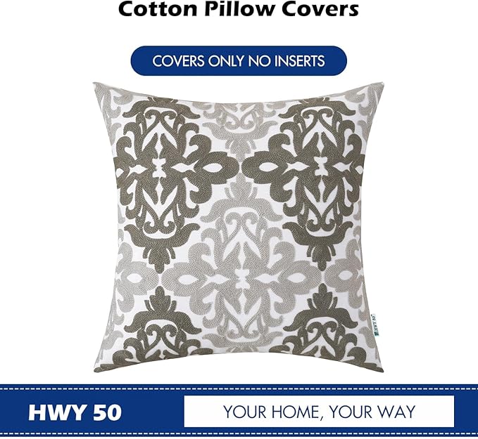 HWY 50 Grey Gray Decorative Throw Pillow Covers 18x18 Inch (1 Piece), Embroidered Cotton Farmhouse Cushion Cover Pillow Case for Sofa Couch Living Room Bed Bedroon, Floral Geometric-Ruum Studio Home