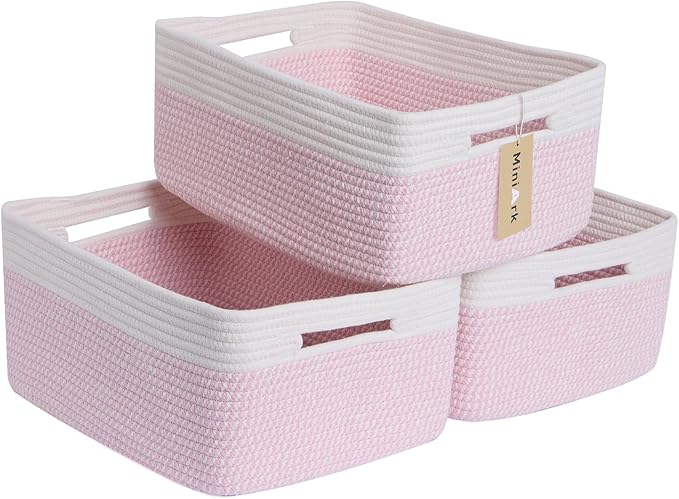 Large Storage Baskets for Shelves, Closet Organizers Bins for Clothes Blanket Towels, Baby Nursery, Toy Baskets Box, Woven Rope Baskets, 17 x 13 x 7.5”, 3 Packs Woven Pink-Ruum Studio Home